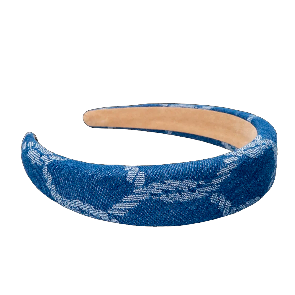 Bred hårbøjle i denim med hvidt mønster