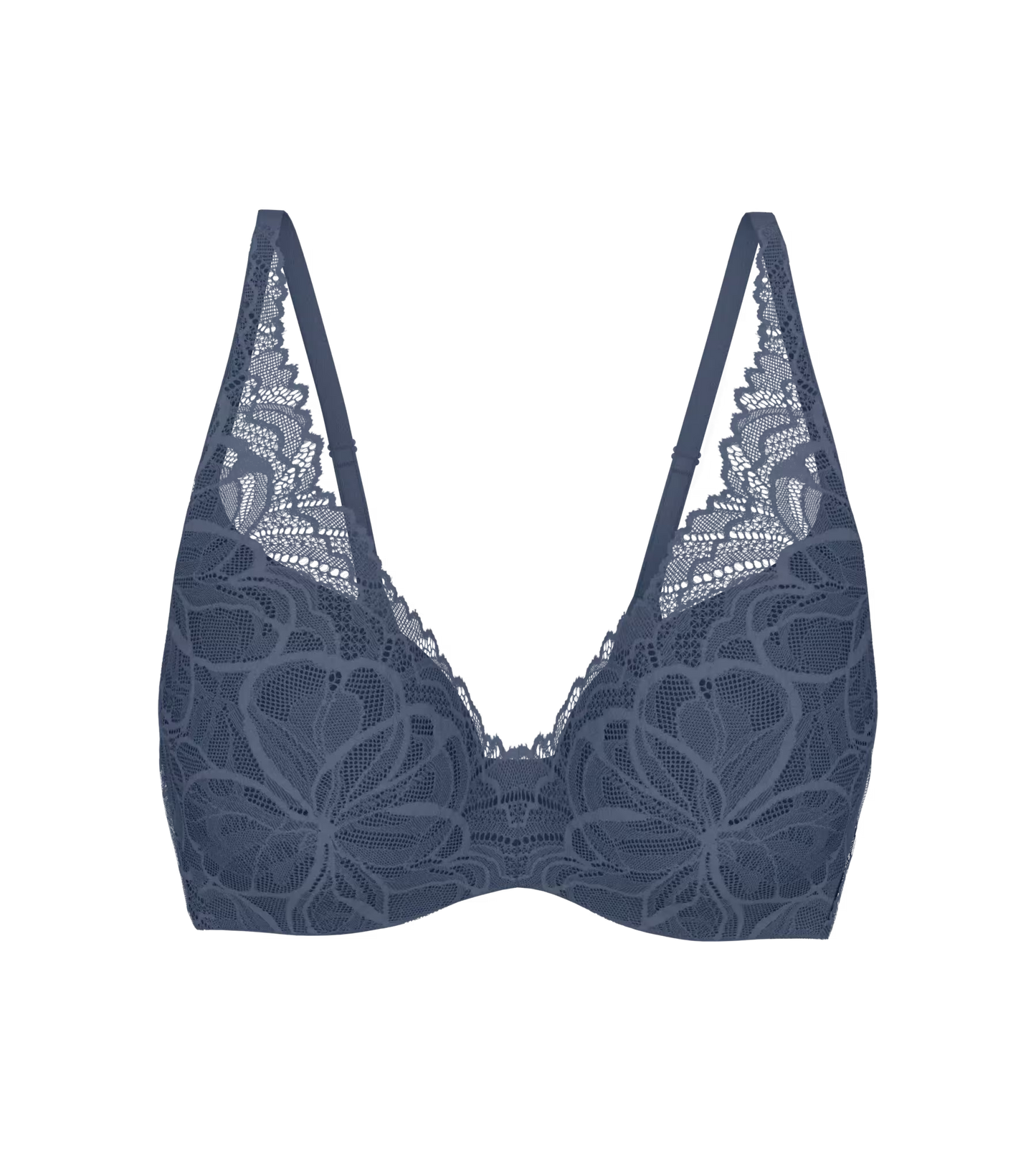 Triumph Body Make-Up Illusion Lace 787 i blå, blomstret blonder, justerbare stropper, bølgede kanter på hvid baggrund.