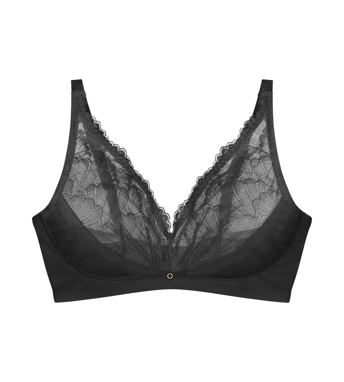 Triumph – Love In Lace 0004 Farve: Sort bralette i blonder med gennemsigtige blomstermønstrede skåle og ensfarvet bånd på hvid baggrund.