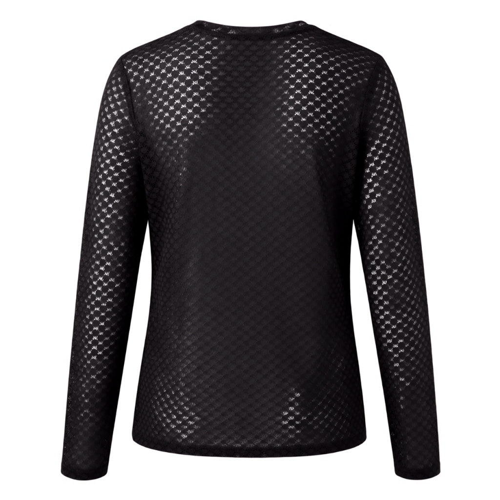 Bagside af en sort, langærmet 156417 | Luxzuz - Segberg Sort mesh-bluse med et gentagende geometrisk mønster.