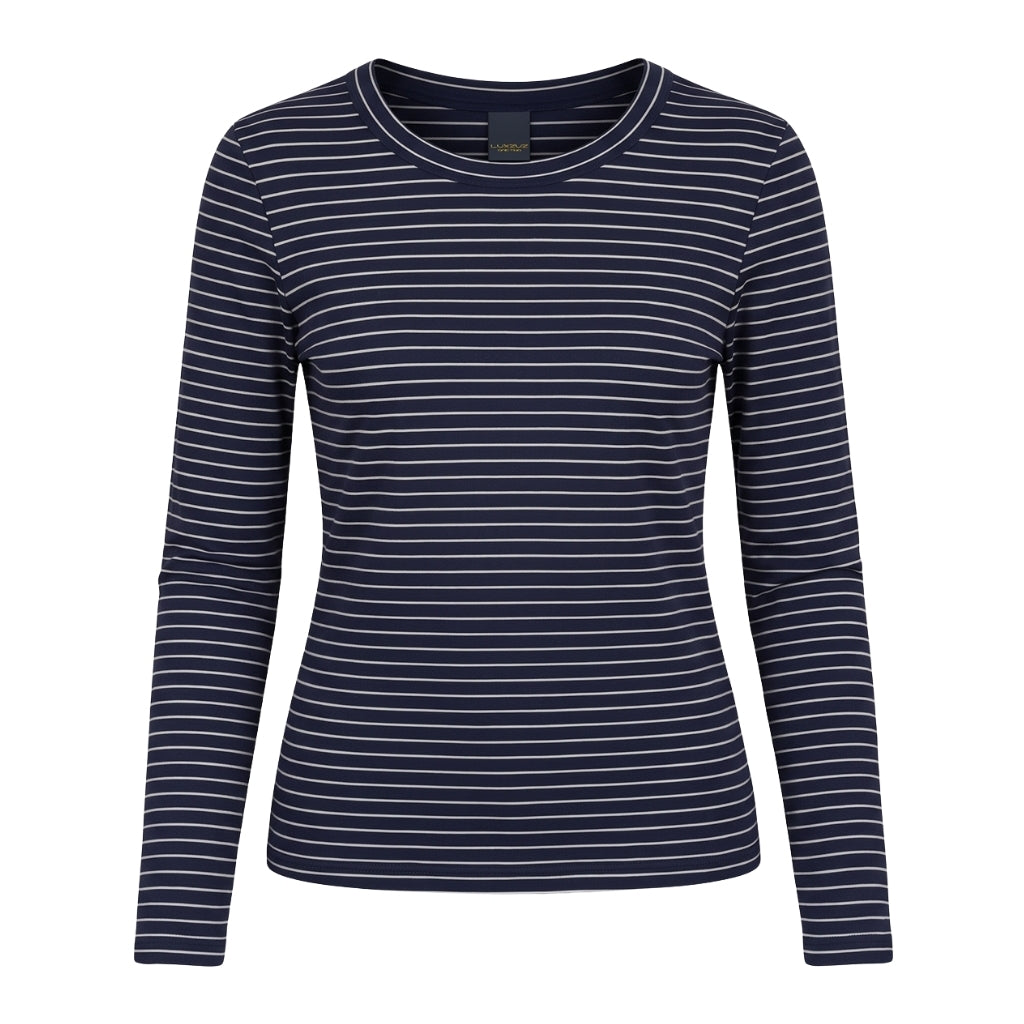 Luxzuz – Segberg Mørkeblå langærmet T-shirt i mørkeblå med tynde, vandrette hvide striber og rund halsudskæring.