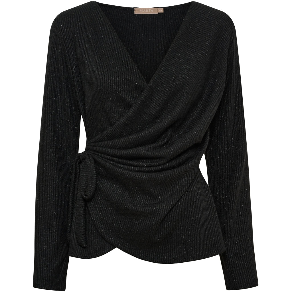 Black Marta du Château 156274 MDCTalina Sort langærmet wrap-top med V-udskæring og bindebånd i siden.