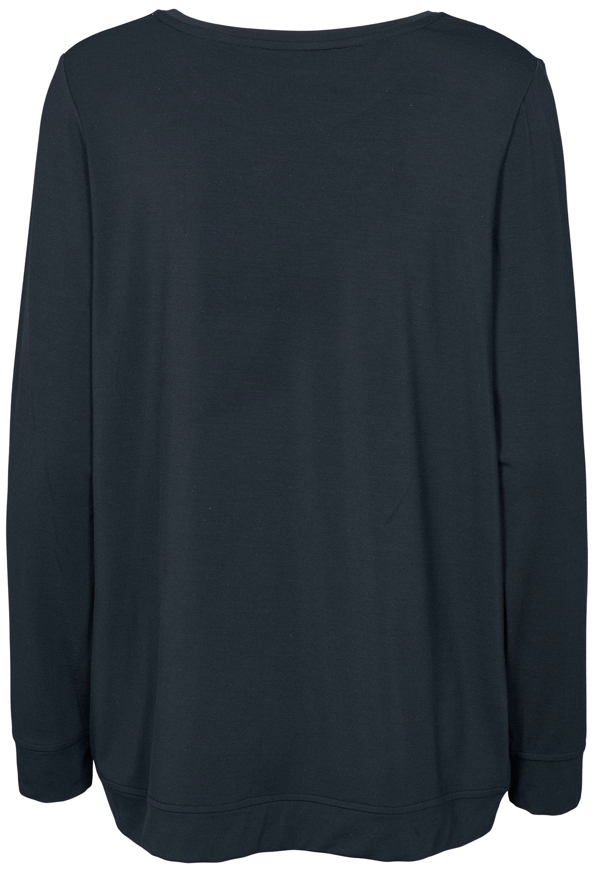 Bagfra-billede af Missya – Softness Blå, sort langærmet bluse med rund halsudskæring, vist på hvid baggrund.
