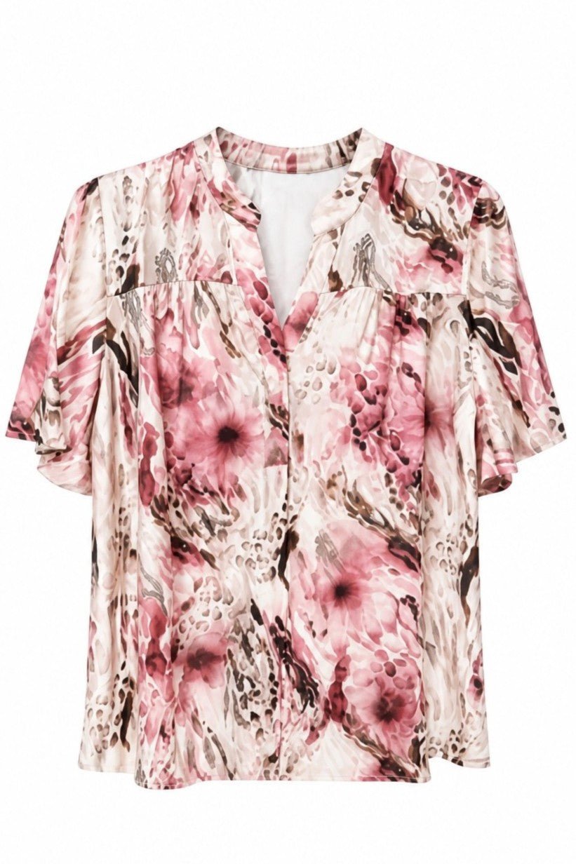 2-Biz Amora-bluse med rosa mønster i silke-blanding, med V-udskæring og lyserøde/hvide abstrakte detaljer.