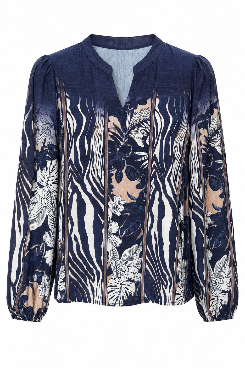 2-Biz Lise mørkeblå bluse med V-udskæring, lange ærmer og unikt zebra- og blomstermønster i hvid og beige.