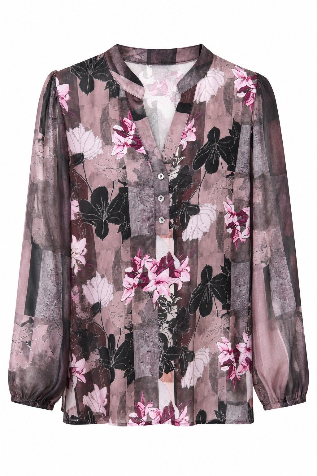 2-Biz Janne Mønstret: Gennemsigtig bluse med blomstermønster, V-udskæring, lyserødt/sort patchwork, knapper og en elegant, afslappet pasform.