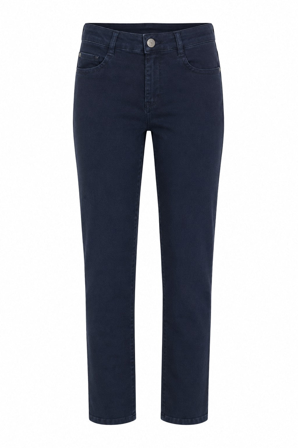 2-Biz Bekket mørke denimjeans med lige ben, for- og baglommer, vist på hvid baggrund.