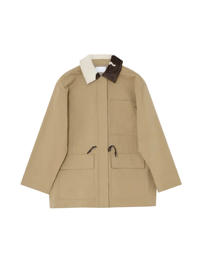 2NDDAY Spencer Khaki: Beige jakke med hvid krave i fløjl, brune detaljer, lommer og justerbar talje.