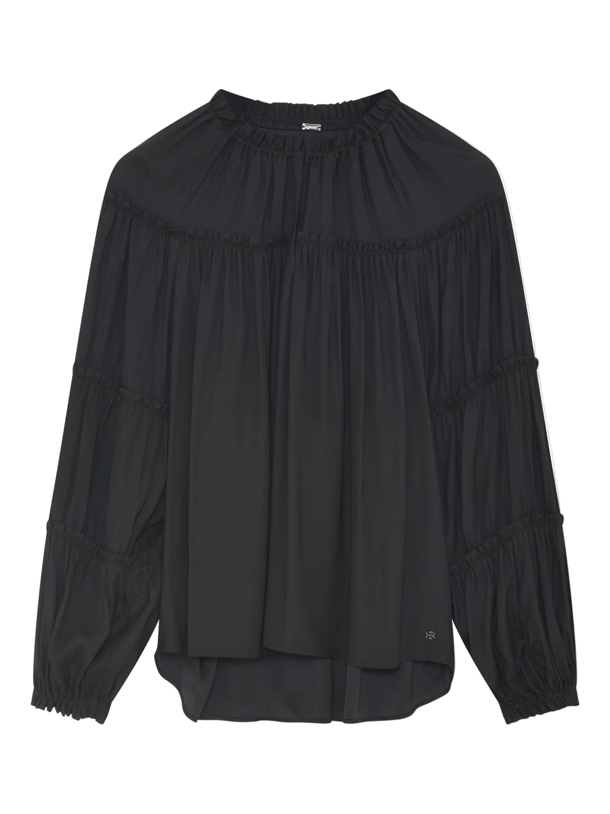 Gustav Annsofie Sort bluse: lange ærmer, ballonærmer, rynkede detaljer, løs pasform, vist på hvid baggrund.