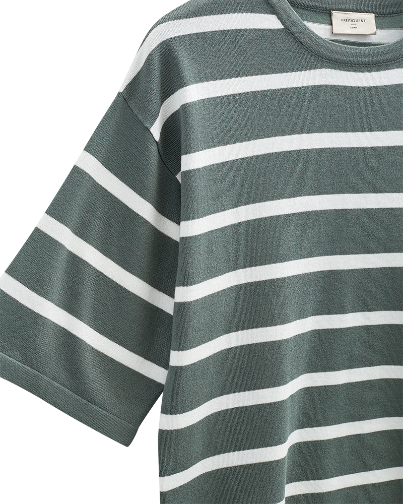 Støvet grøn bluse med hvide striber og korte ærmer i closeup