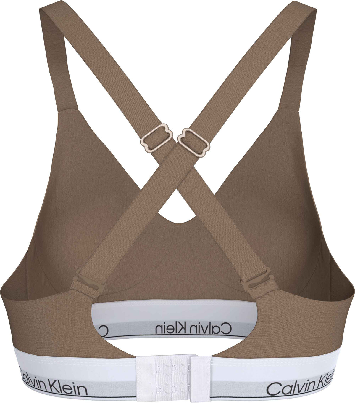 Calvin Klein – QPS Lysebrun racerback-bh i brun med et hvidt elastikbånd med logo og hægte- og øje-lukning bagpå.