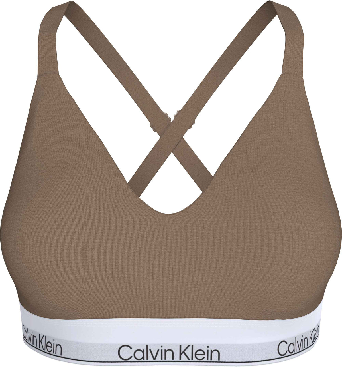 Calvin Klein 156313 lysebrun bralette med en hvid, elastisk taljebånd med logo og krydsende stropper på ryggen.