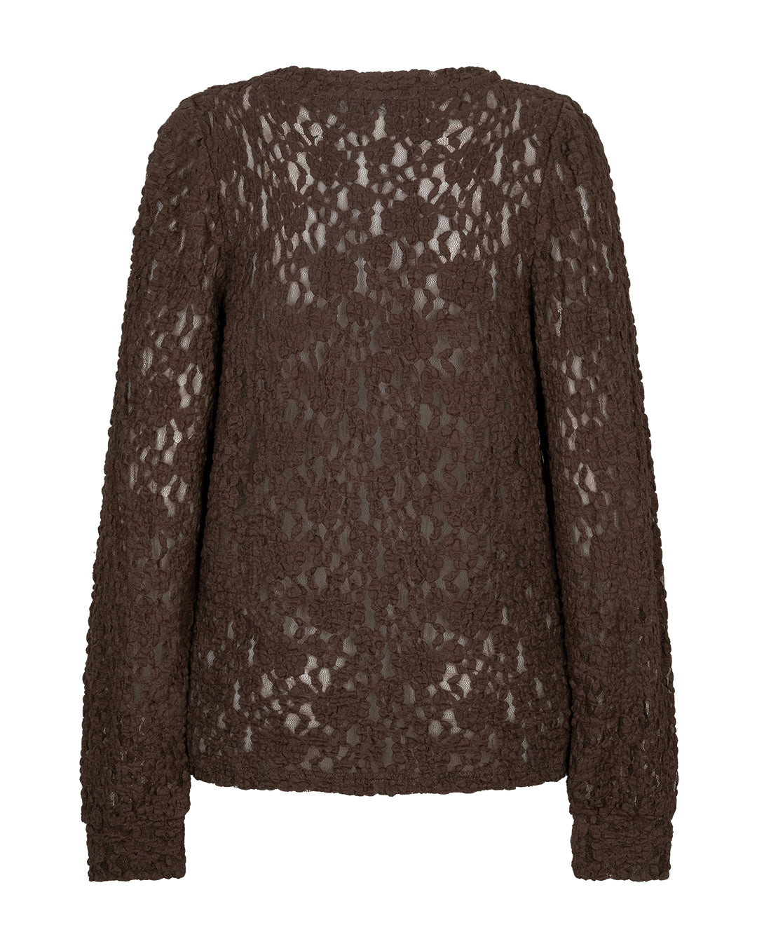 Red Button – Lace Brun: brun, gennemsigtig bluse med blomstermønster i blonder og lange ærmer, vist på en ensfarvet hvid baggrund.
