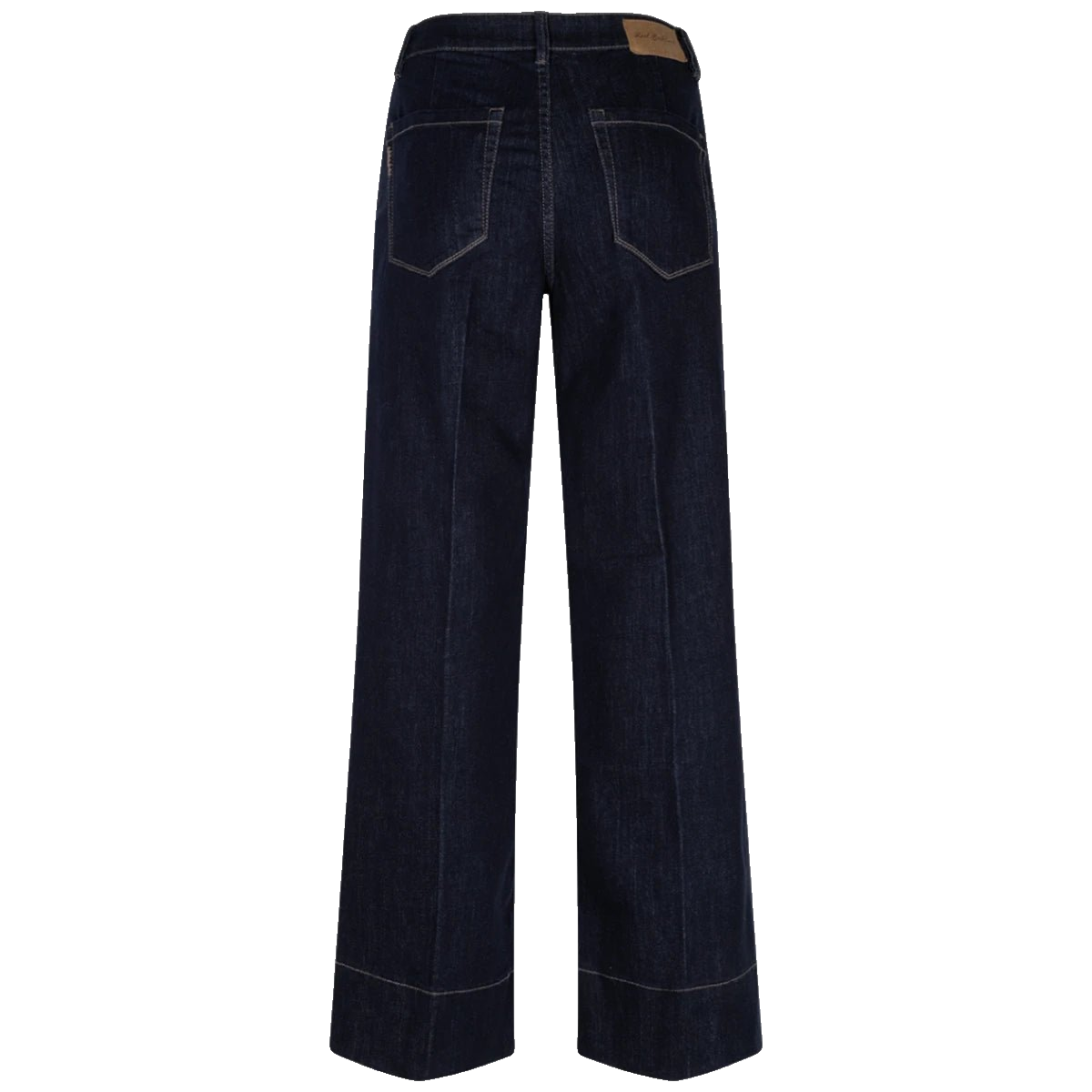 155559 | Red Button - Conny Mørk denim: Wide leg jeans in dark blue, shown from the back with two large back pockets, contrast stitching, and a brown Red Button Conny brand patch on the waistband. Made from mørk denim for a timeless appeal.
