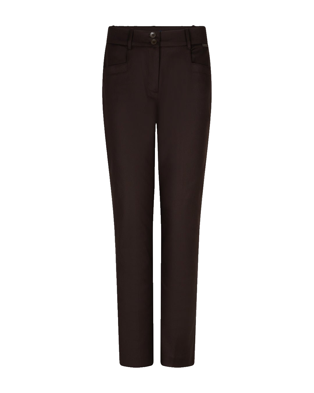 Sorte Diana-bukser i model »Kaffe« med lige ben, røde knapper og lommer, knap og lynlås, på hvid baggrund.