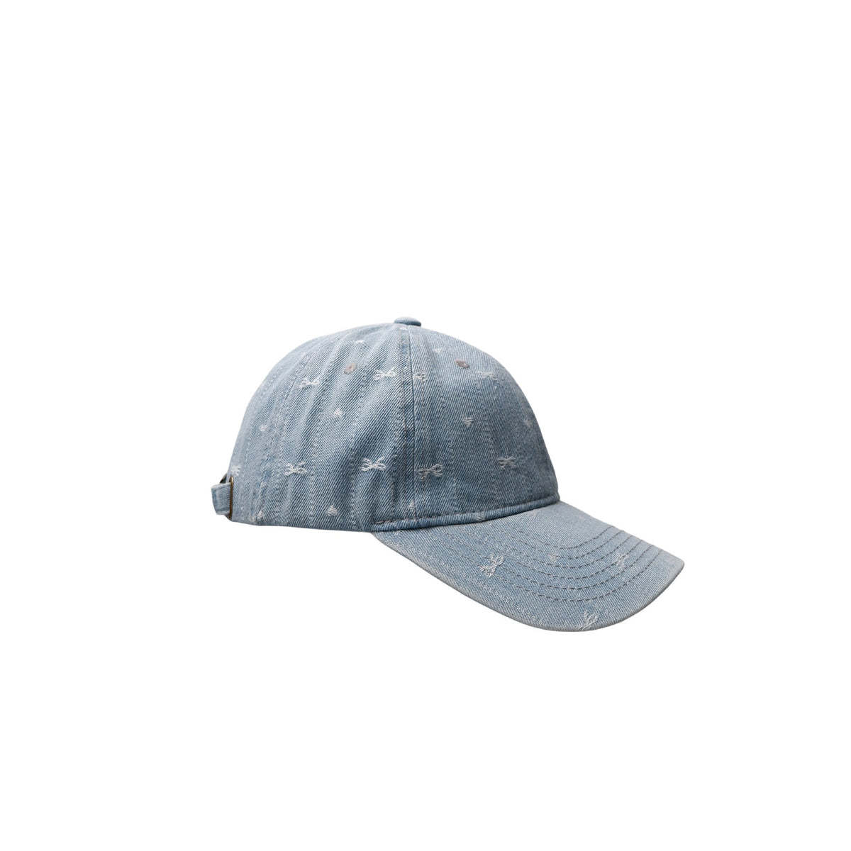 Sort farve 151672 – sort denimkasket med sløjfe, buet skygge og hvidt broderi, vist på hvid baggrund.