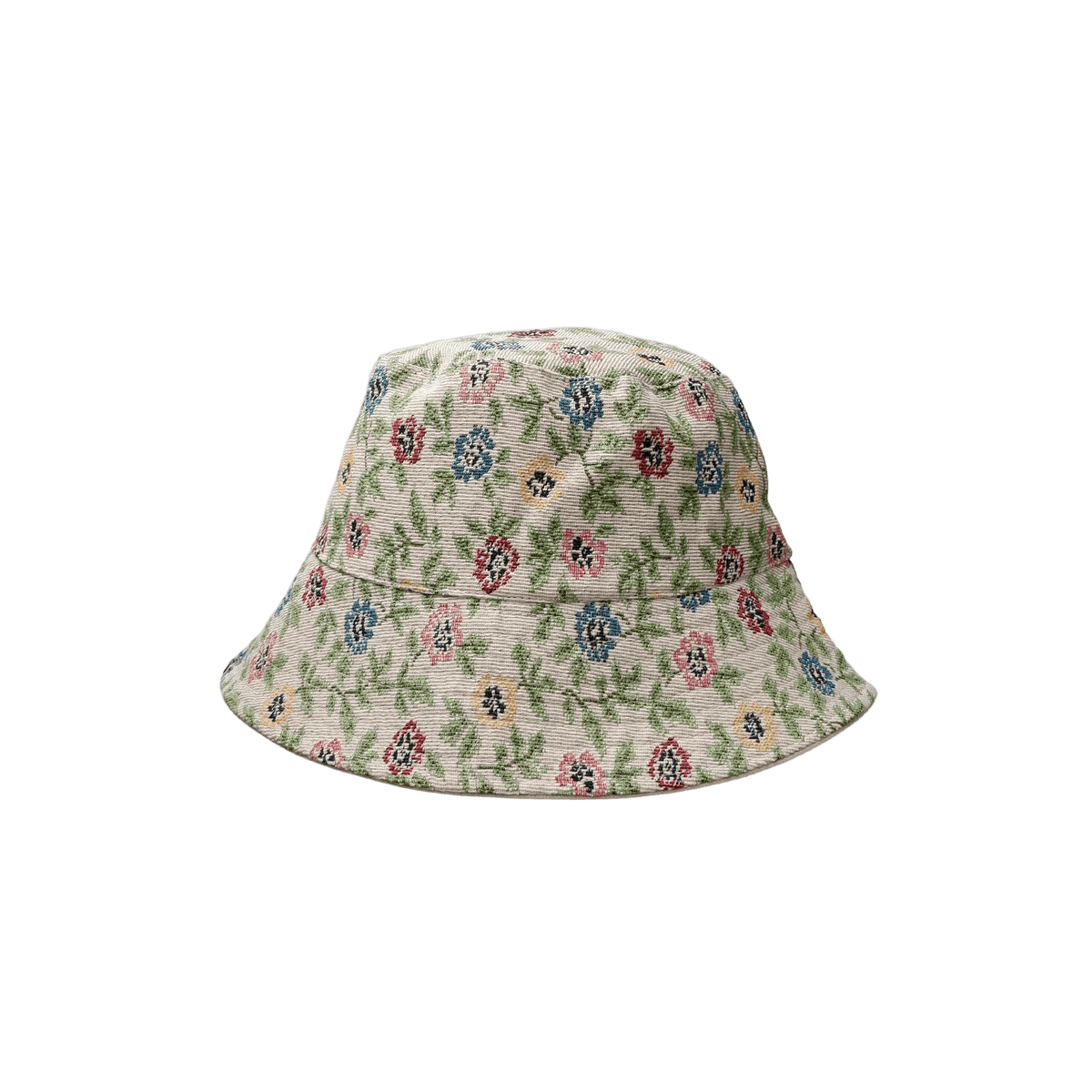 Sort Freja-bøllehat med blomstermønster i lyserødt, blåt og grønt jacquard på en neutral baggrund.
