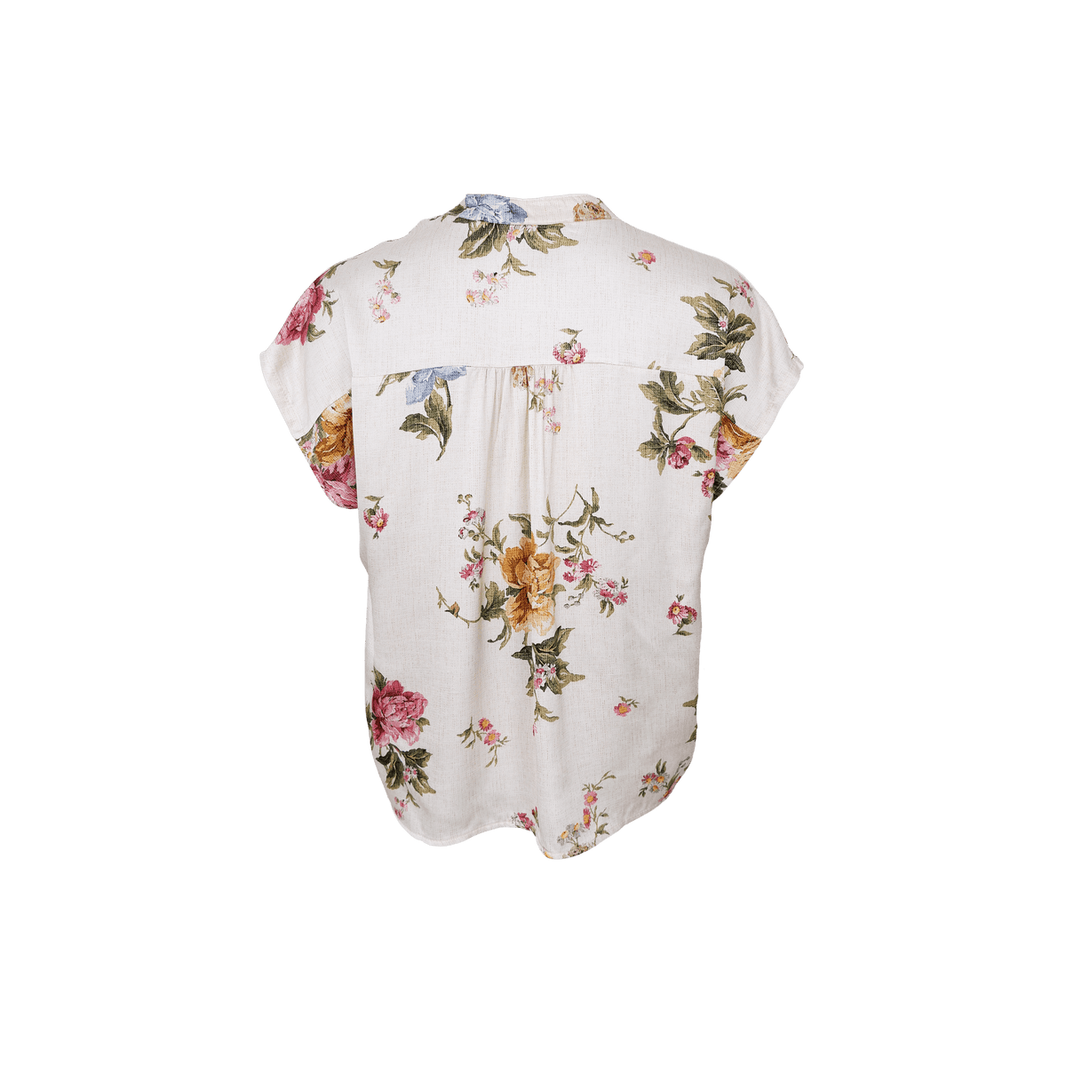 Bagside af den sorte Zalina-bluse i off-white med mønster og korte ærmer samt et farverigt blomsterprint.