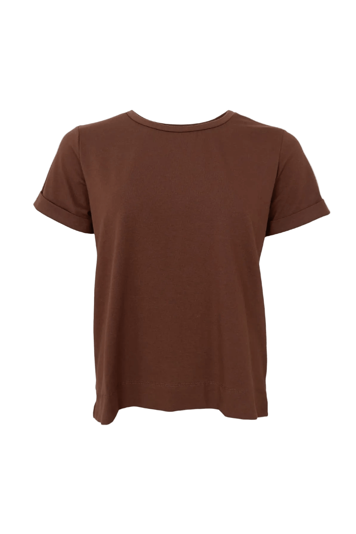 Sort farve 155530 | Sort bomulds-T-shirt fra May Kaffe, med opsmøgede ærmer, et must-have til basisgarderoben. Hvid baggrund.