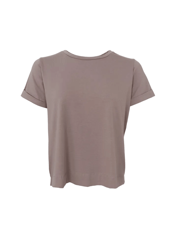 155531 | Sort farve – May Brun taupefarvet T-shirt med korte ærmer og rund hals, vist på hvid baggrund.