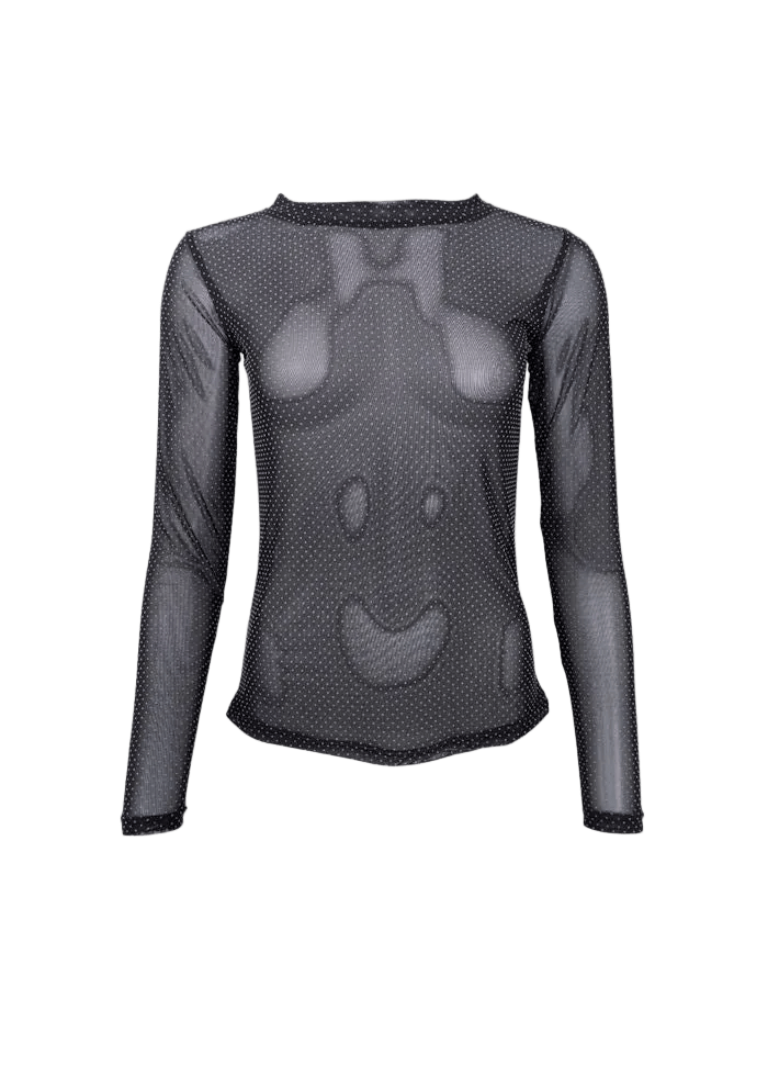 Jessie-bluse i sort: gennemsigtigt sort netstof, lange ærmer, fint mønster, diskret smiley-ansigt foran.