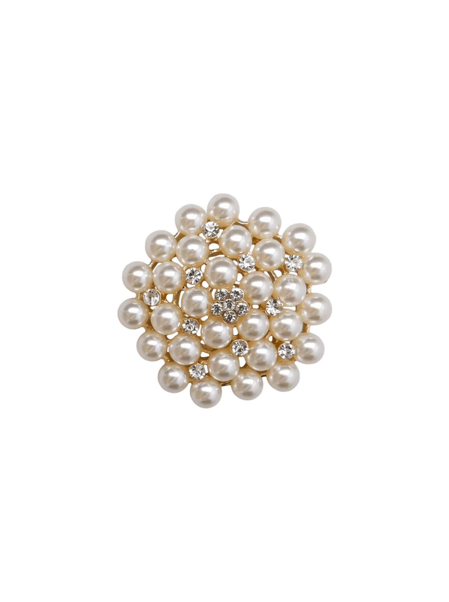Sort Tiffany Guld-broche: blomstermotiv med perler og klare sten på en guldfarvet base.