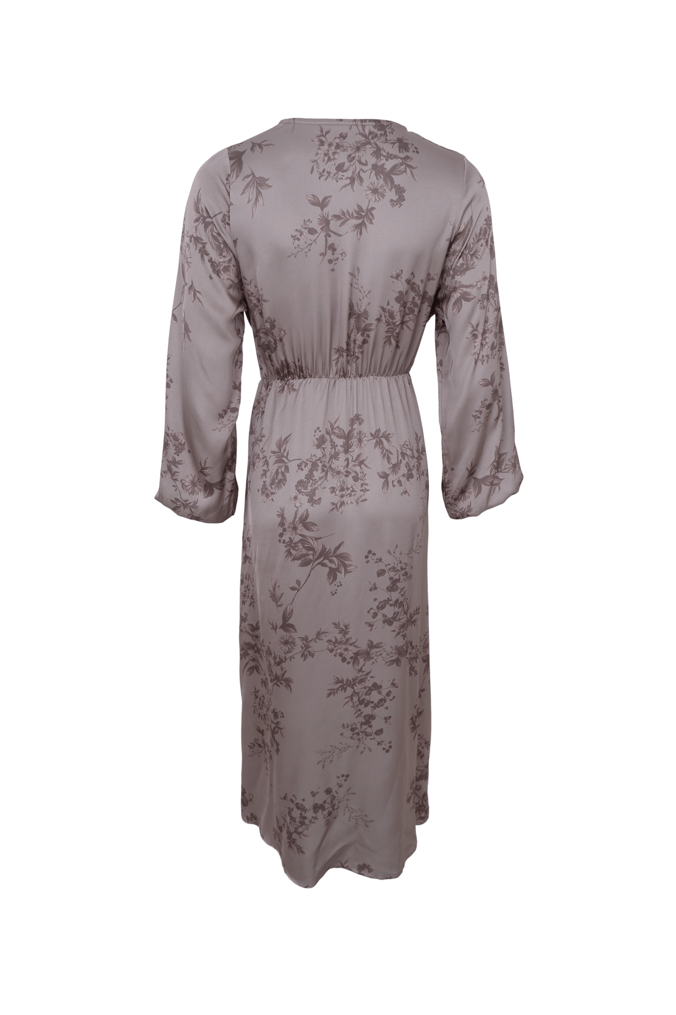 Bagfra set: Sort farve 155681 „Nancy Lysebrun“ – en wrap-kjole i mauve viskose med blomstermønster og elastisk taljebånd.