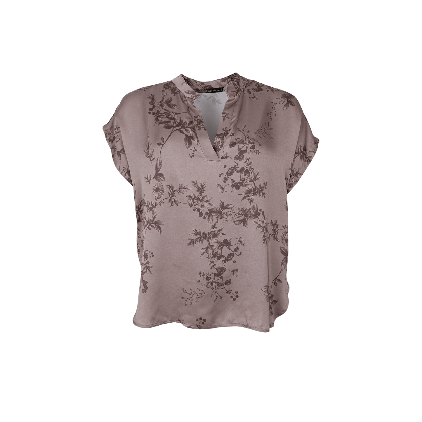 Sort Nancy Lysebrun-bluse med lyserødt blomstermønster, korte ærmer og udskåret halsudskæring.