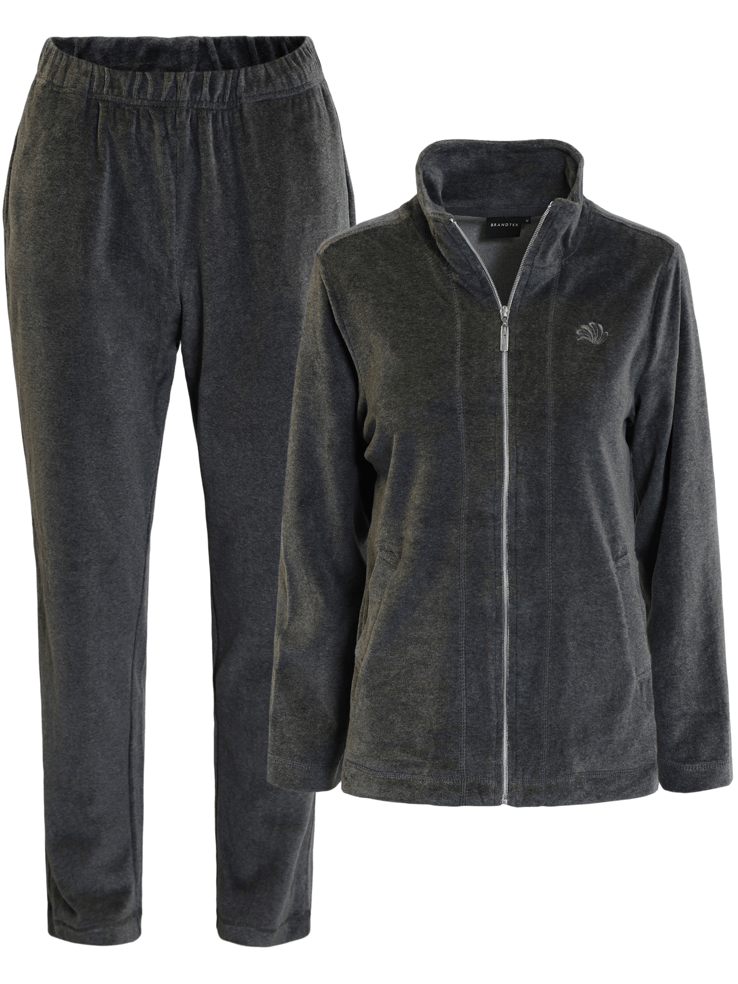 149885 | Brandtex – Velour-sæt, mørkegrå: Mørkegråt velour-sæt med jakke med lynlås og bukser med elastik – perfekt til hyggelig afslapning.