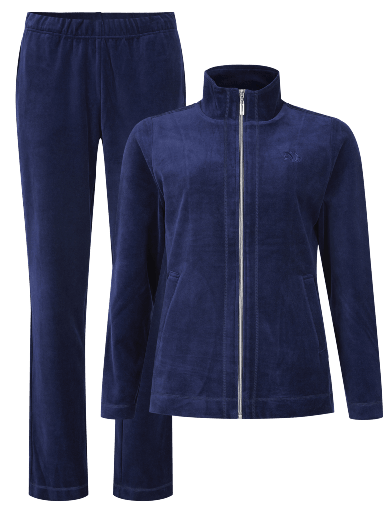 Brandtex 153125 Hjemmesæt i koboltblåt velour med lynlåsjakke og bukser på hvid baggrund.