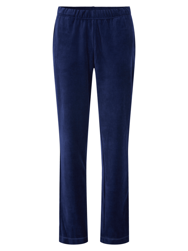 Brandtex 153125 koboltblå velour-hjemmebukser med lige ben og elastik i taljen, vist på en ensfarvet baggrund.