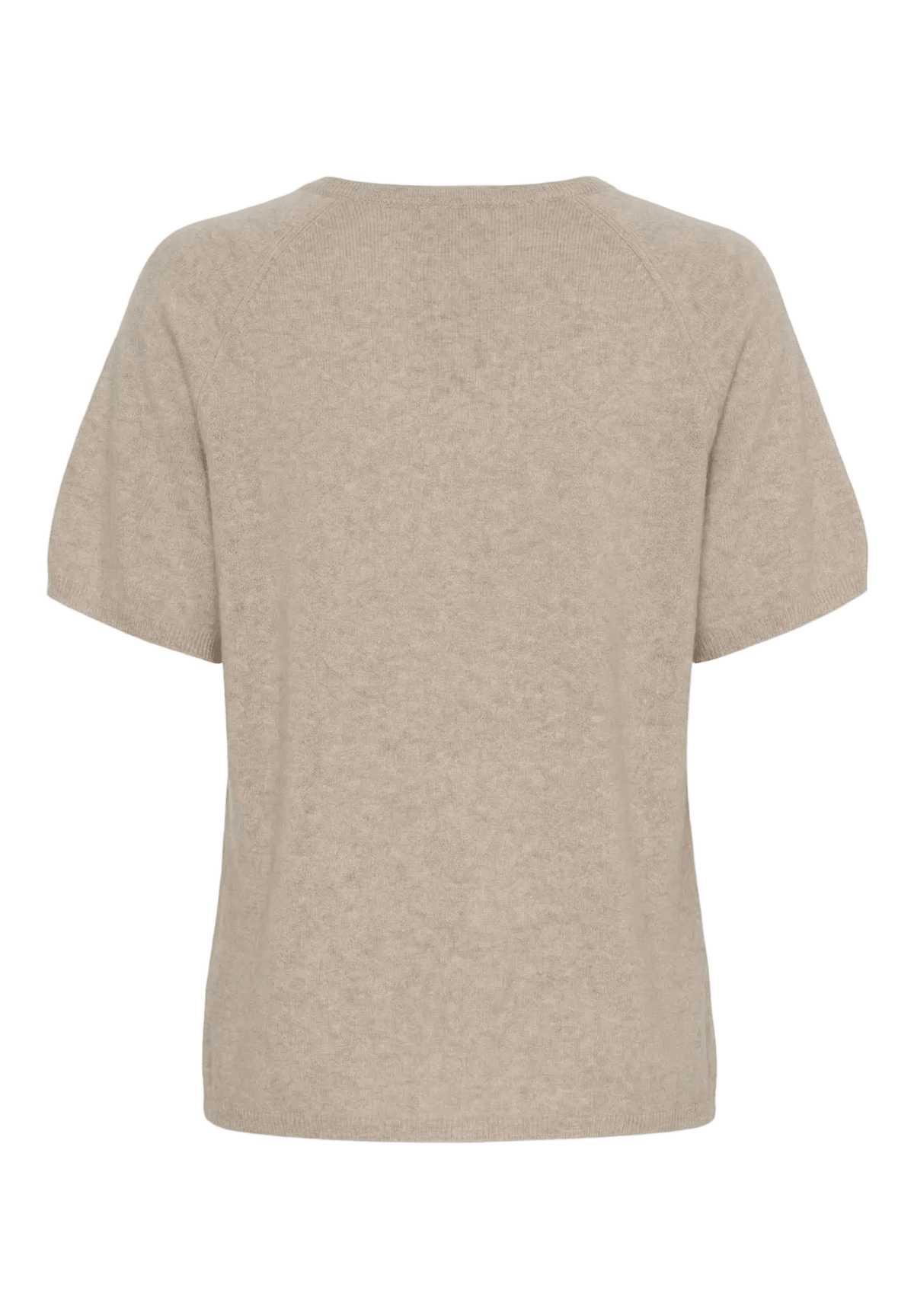 BTF CPH 152201 beige kortærmet strikbluse i kashmir og merinould, vist bagfra på hvid baggrund.