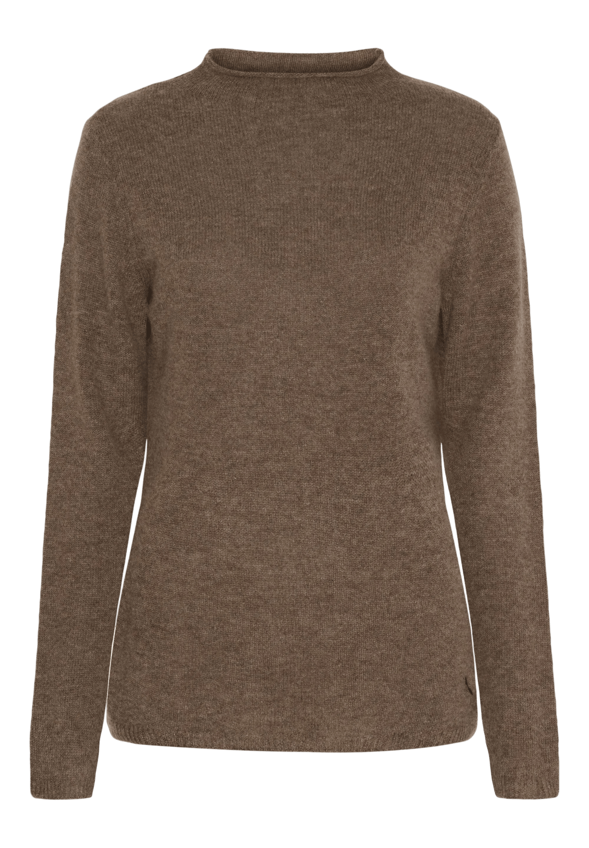 BTF CPH 155743 Btfelora Brun: brun meleret kashmir-bluse med lange ærmer og rund hals på hvid baggrund.