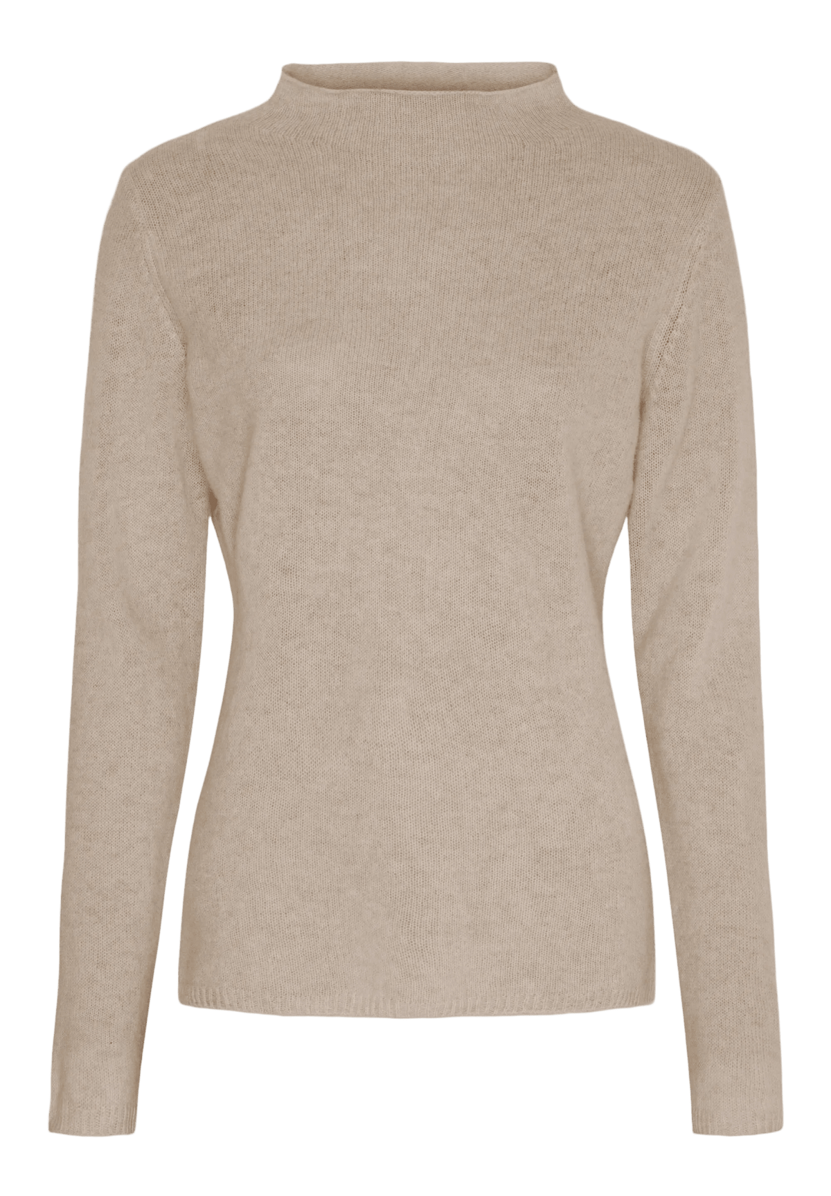 BTF CPH Btfelora Lysebrun kashmir-strikbluse med høj hals, perfekt til lag-på-lag-look, vist på hvid baggrund.