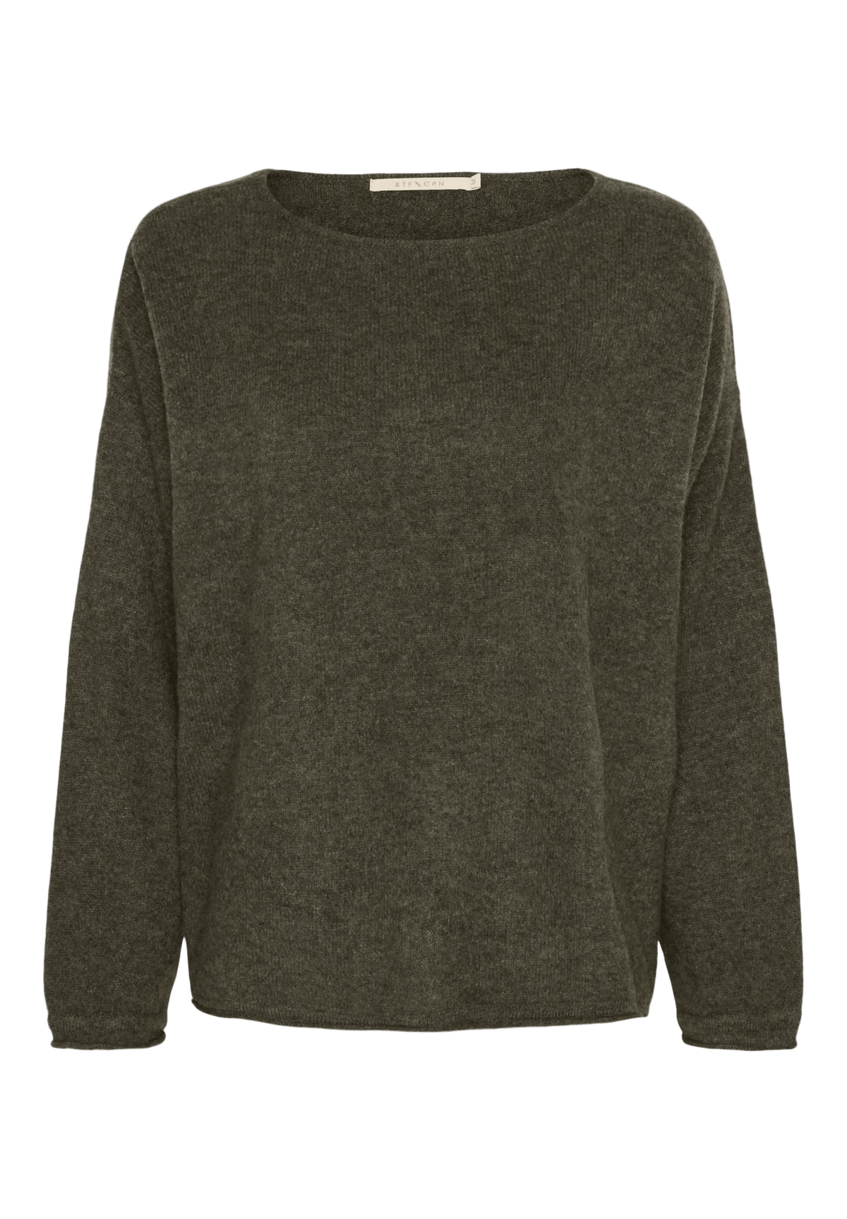 BTF CPH Mira Pure Cashmere Mørk army langærmet T-shirt med rund hals på en ensfarvet hvid baggrund.
