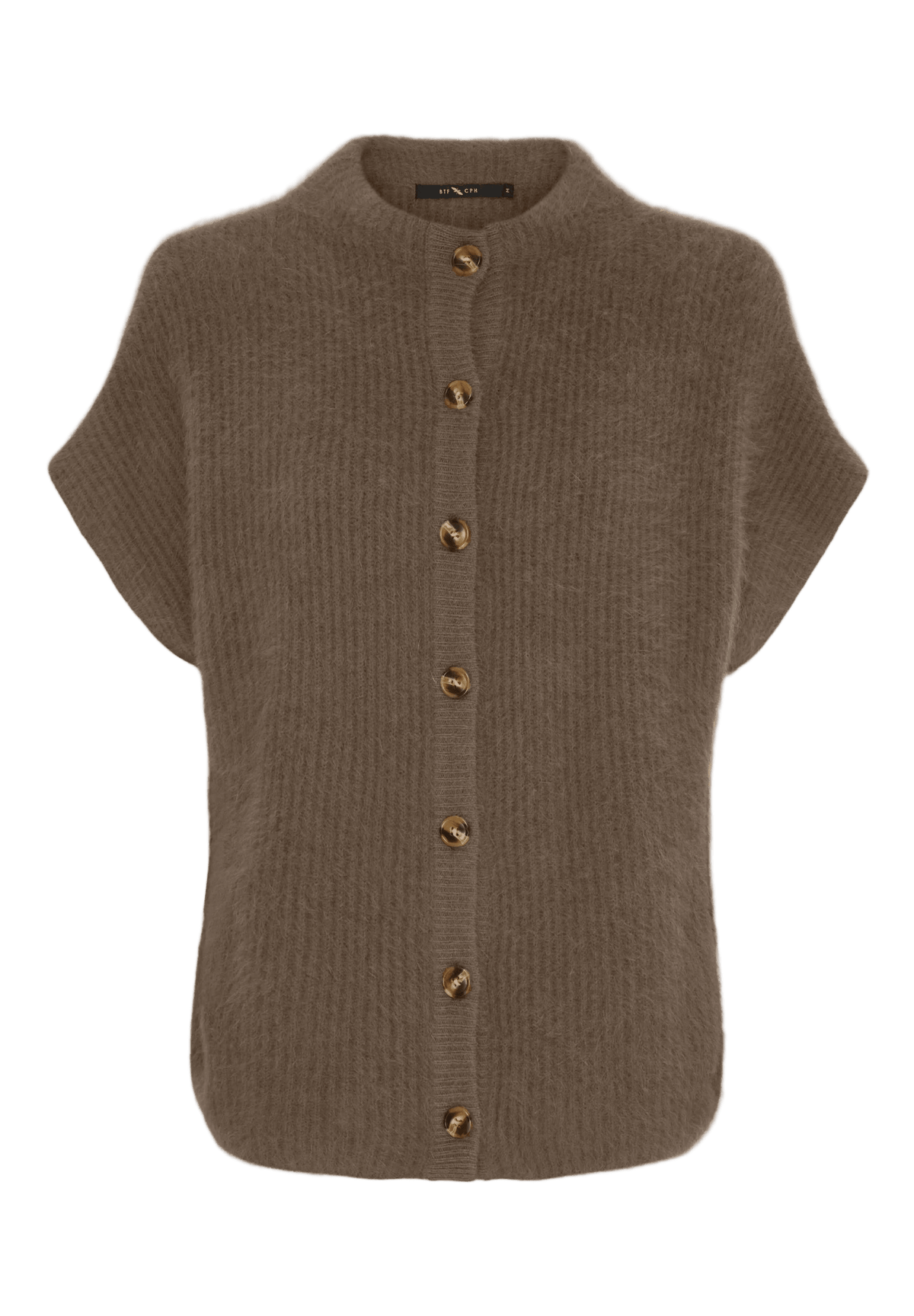 Brun kortærmet BTFEleanor Brun-cardigan med knapper i raccoon-kashmir.