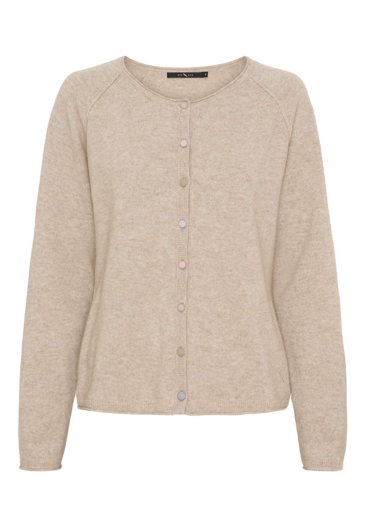 BTF CPH – BTFAlice: Beige cardigan med lange ærmer og rund hals, forsynet med en række flerfarvede pastelfarvede knapper.