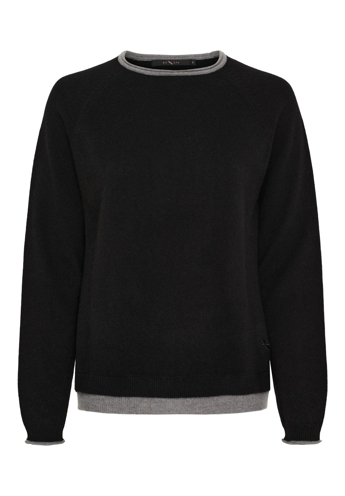 BTF CPH – BTFAstrid Sort langærmet sweater med grå rund hals, nederst på trøjen og ved håndleddene.