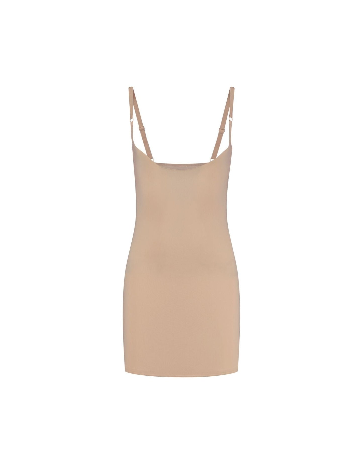 BYE BRA Open Bust Dress Pudder: beige, ærmeløs formende underkjole med justerbare stropper, vist på hvid baggrund.