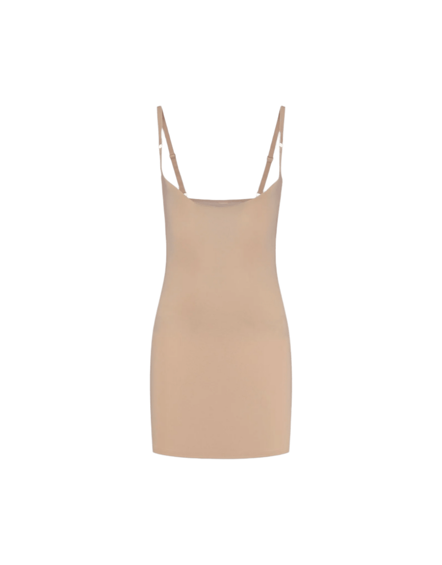 BYE BRA Open Bust Dress Pudder: beige, ærmeløst formende undertøj med justerbare stropper, vist på hvid baggrund.