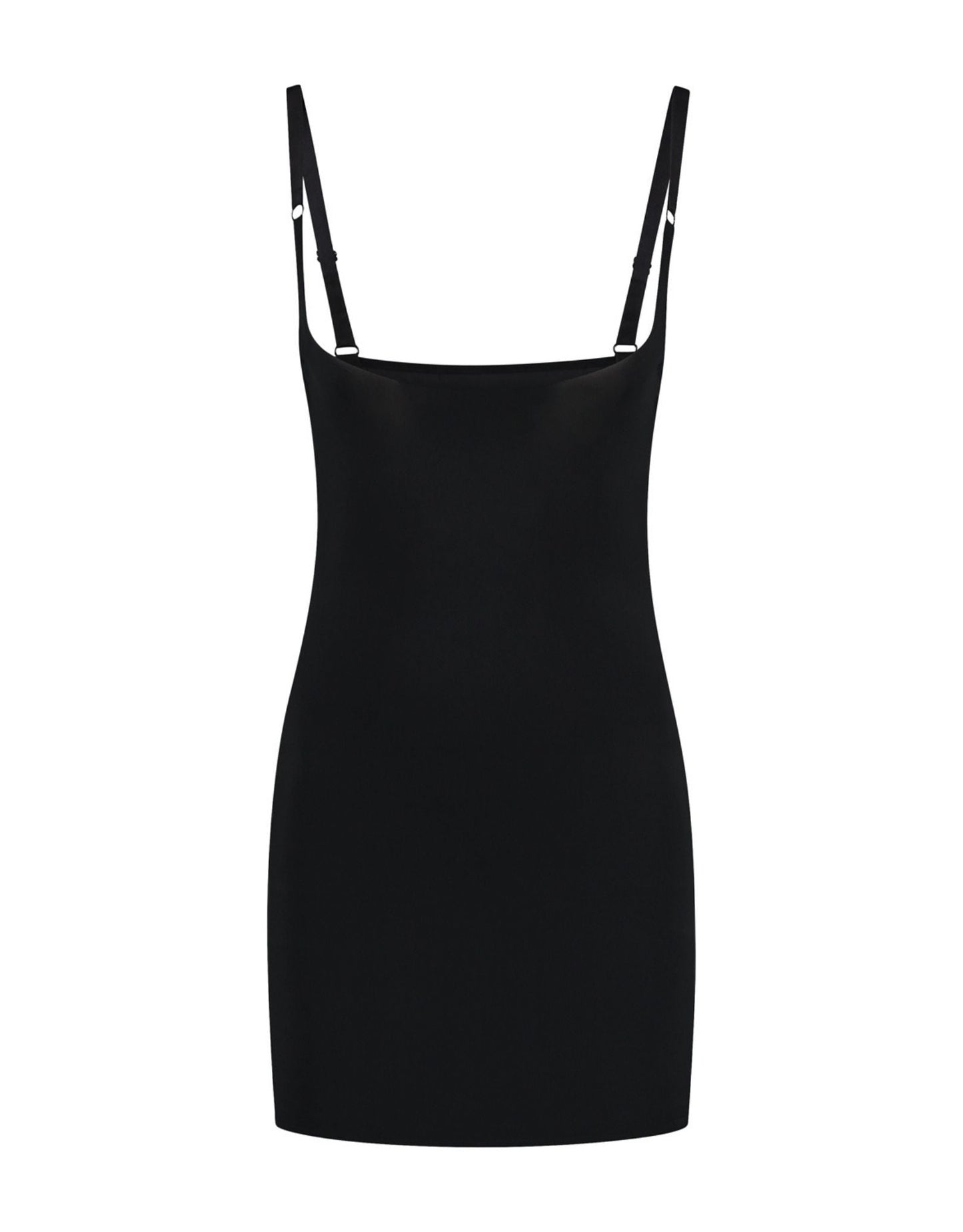 BYE BRA 151148 Kjole med åben brystdel: ærmeløs, sort bodycon-kjole med justerbare stropper, vist på hvid baggrund.