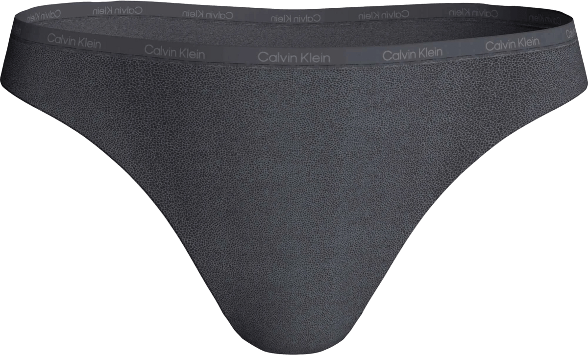 Et par gråmønstrede Calvin Klein Stingray+Turbulence-G-strenge med logo i linningen, på hvid baggrund.
