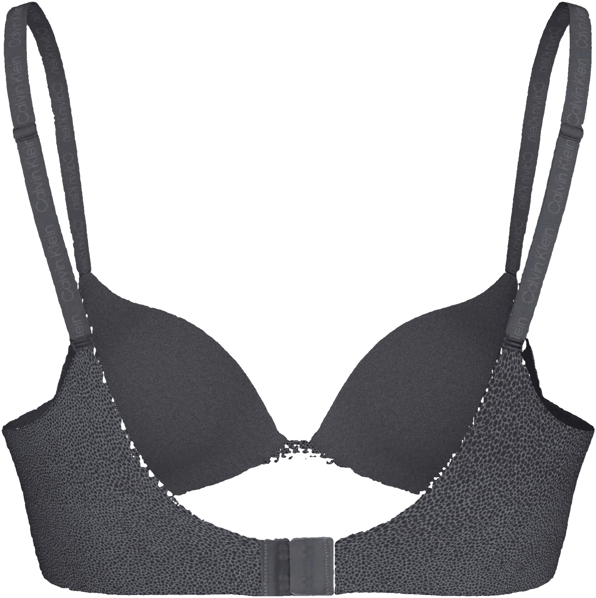 Calvin Klein 155292 Stingrey+Turbulence – grå mønstret bh med justerbare stropper, vist fladt på hvid baggrund.
