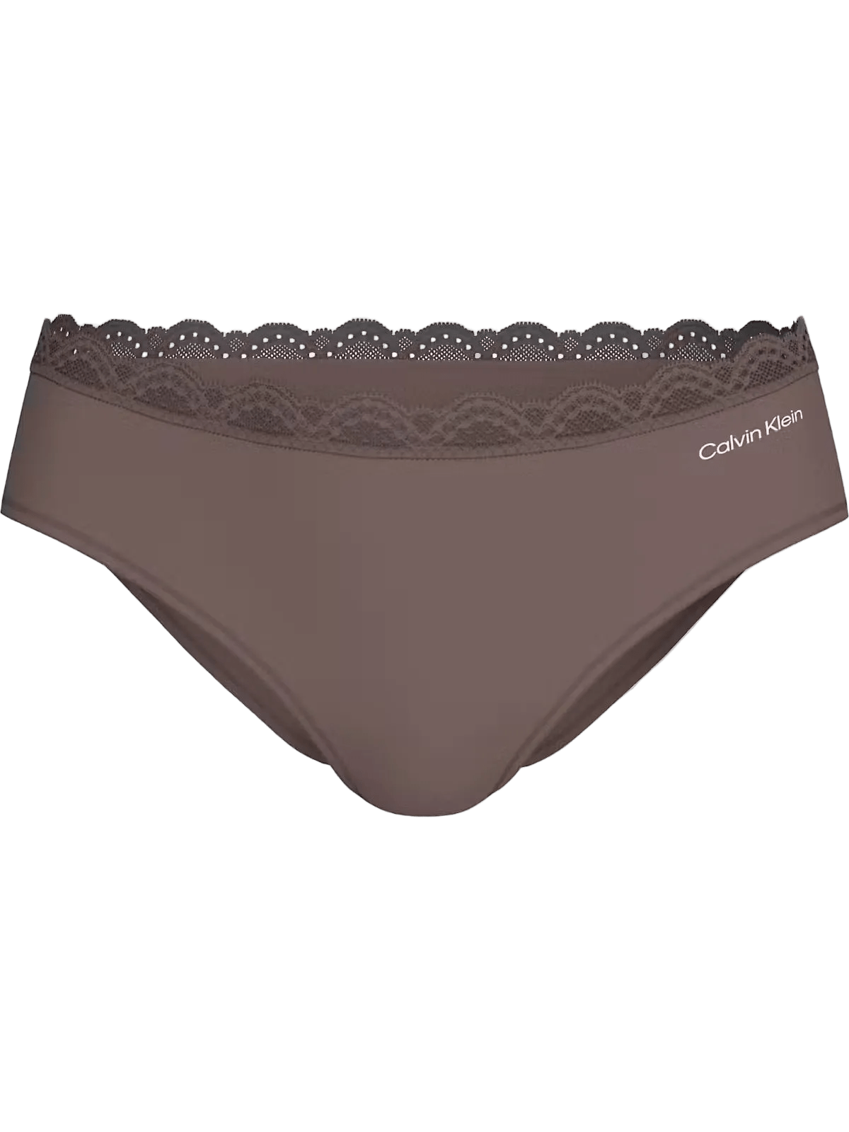 Lysebrun Calvin Klein hipster-bikiniunderbukser, med blonderkant, logo på venstre hofte. Model 155352. Mærke: Calvin Klein.