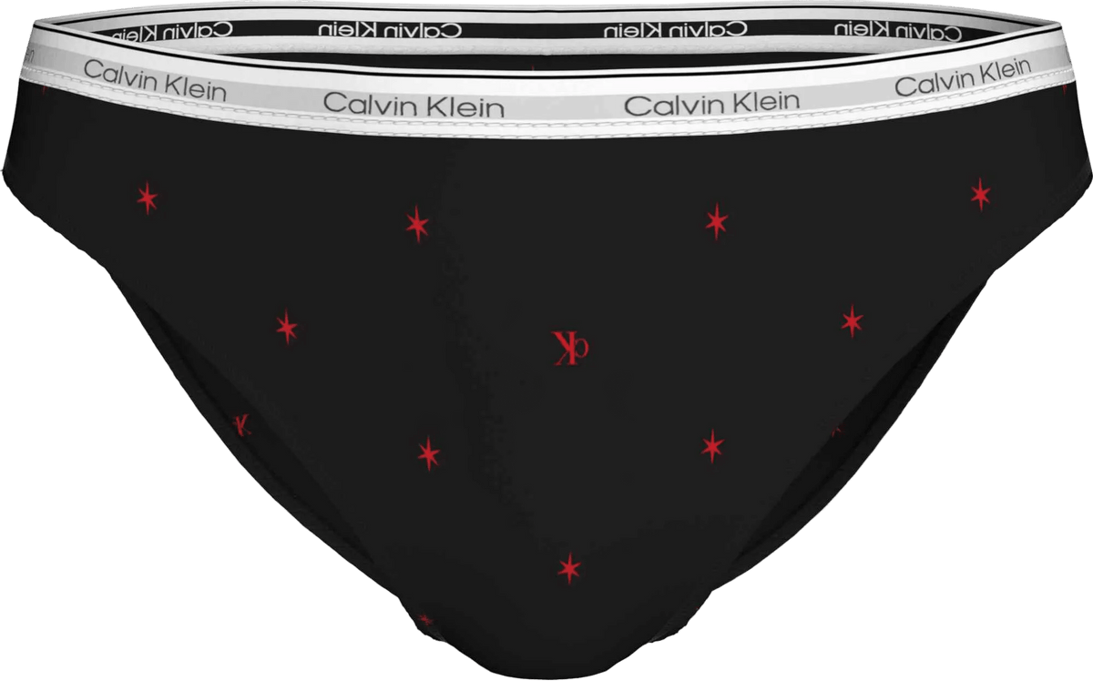 Sorte Calvin Klein 156139 bikini-trusser med hvid elastik i taljen med mærkelogo og et mønster med røde stjerner.