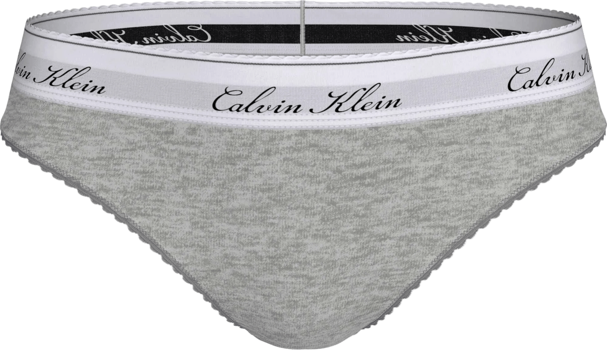 Calvin Klein QF9075 lysegrå g-streng med hvid elastik med logo og sort skrift – et klassisk trusdesign.