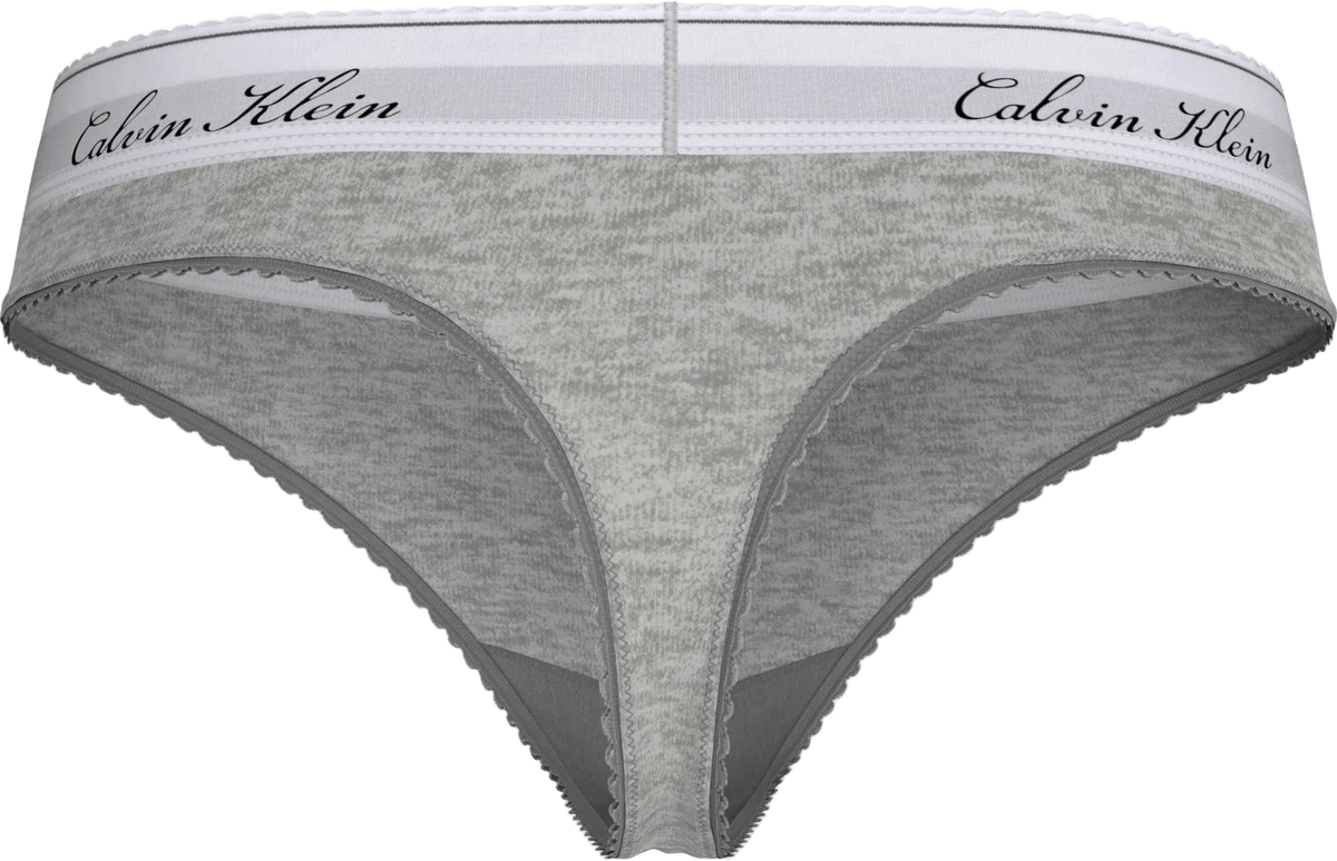 Calvin Klein QF9075 lysegrå g-streng med hvid elastik med logo og sort Calvin Klein-logo på linningen.