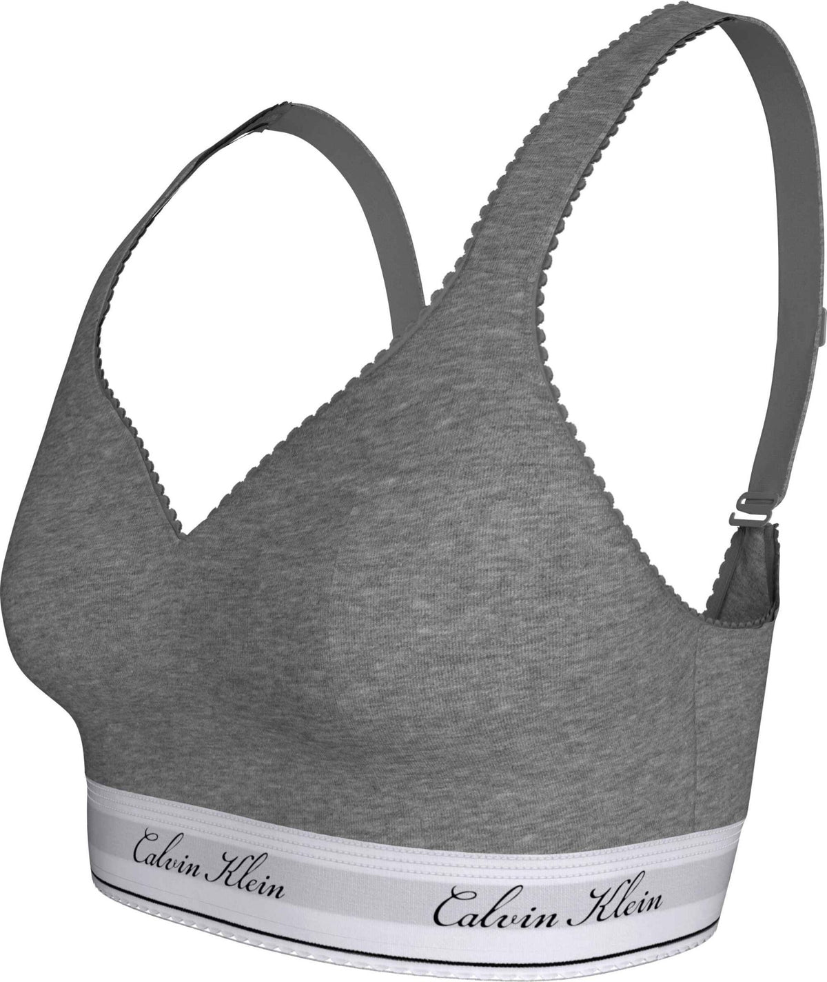 Calvin Klein QF9071 Lysegrå bh uden bøjle med V-udskæring og hvid logo-elastik med sort Calvin Klein-skrift.