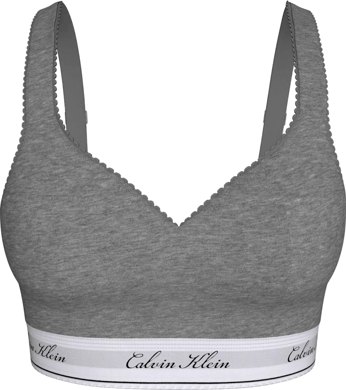 Calvin Klein QF9071 lysegrå bh uden bøjle, med bølget kant og hvidt logo-elastik forneden.