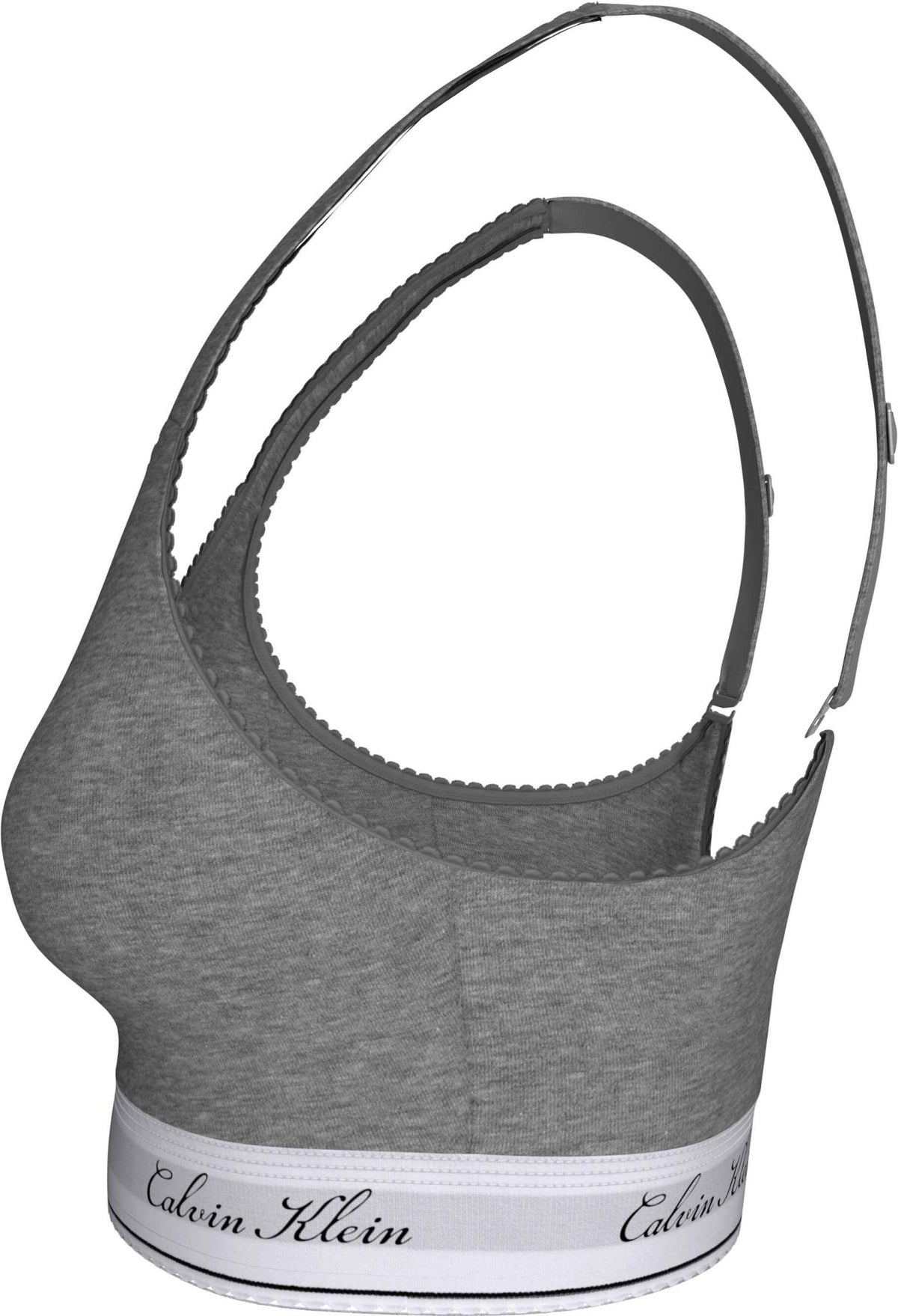 Calvin Klein QF9071 lysegrå bh uden bøjle med justerbare stropper og logo i elastik på hvid baggrund.